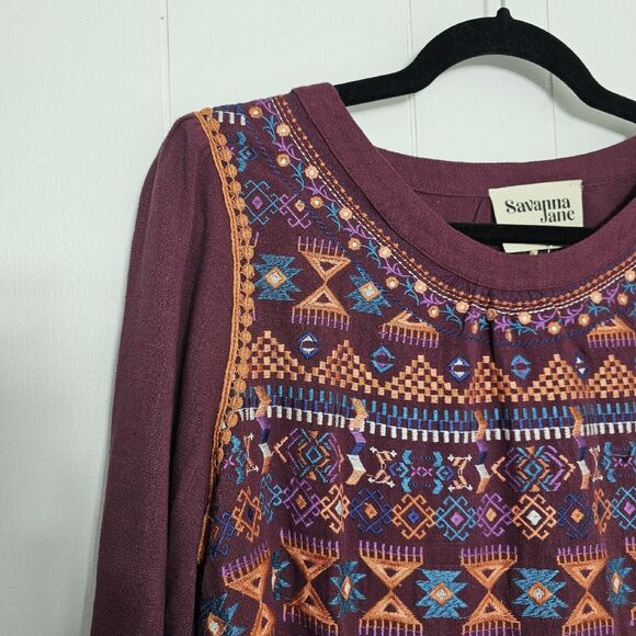 Savanna Jane Womens Size M Purple Colorful Embroidered Long Sleeve Linen Rayon - Picture 6 of 13